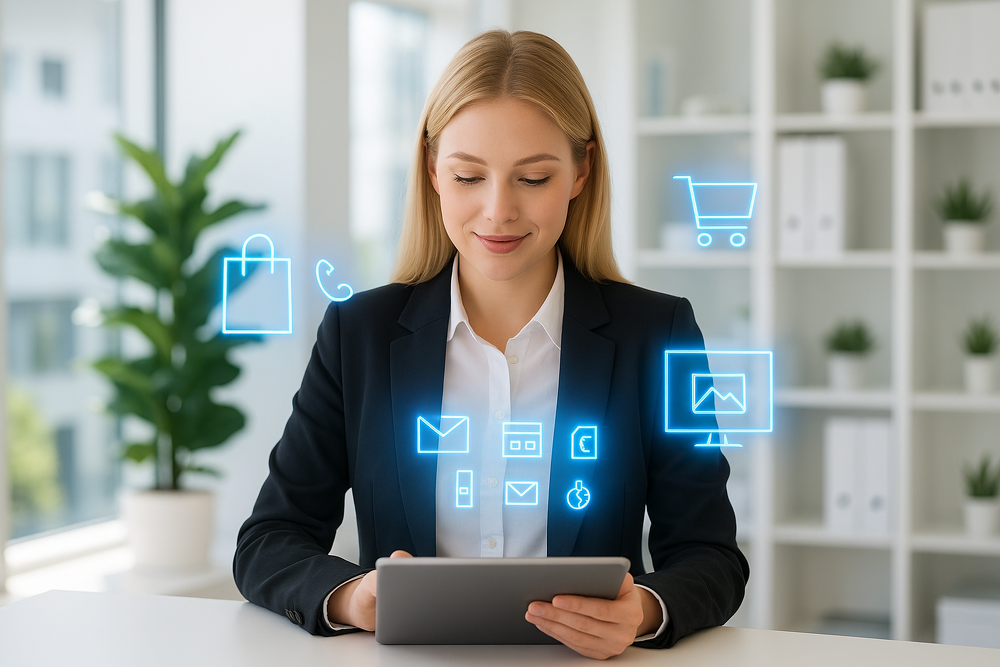 Frau die an einem Tablet mit KI arbeitet